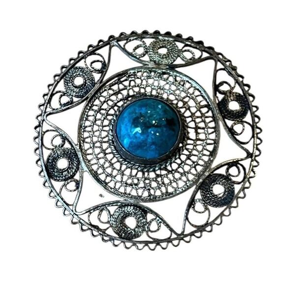 Vtg Sterling Silver Turquoise Filigree Round Shape Pin Brooch 1 5/8” - Picture 1 of 5